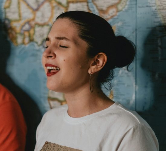 woman in white crew neck shirt